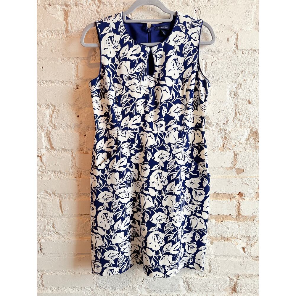 Lands' End Blue & White Floral Sleeveless Dress with Pockets Women’s 8P Petite
